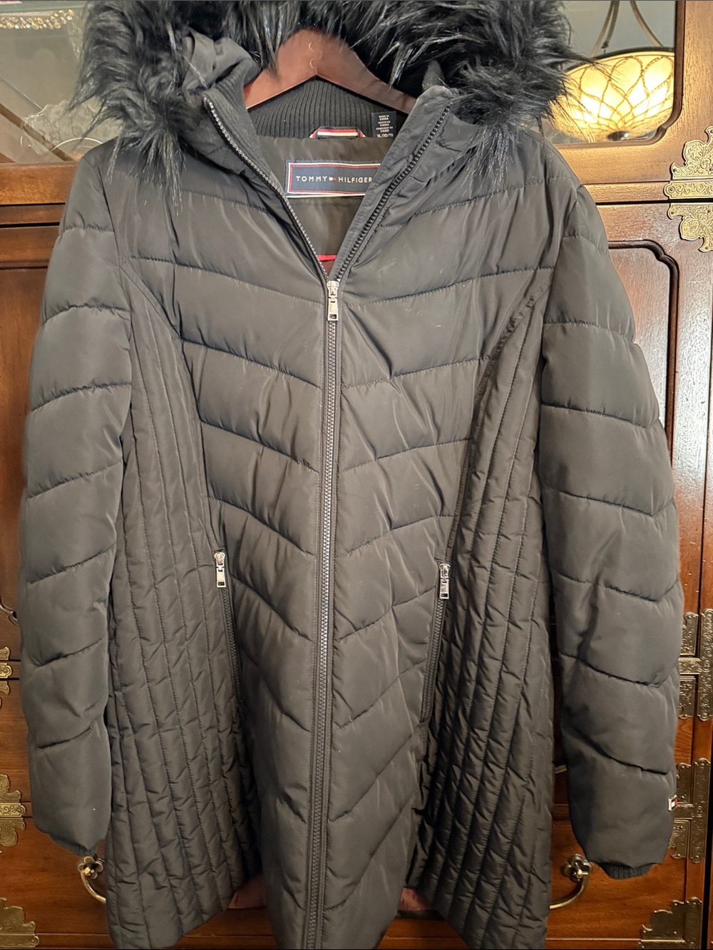 Tommy Hilfiger Black Quilted Hooded Faux-Fur Trim Puffer Coat